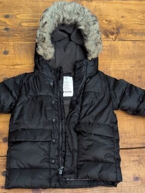 Baby GAP Primaloft Black Toddler Puffer Coat with Faux Fur Trim Hood